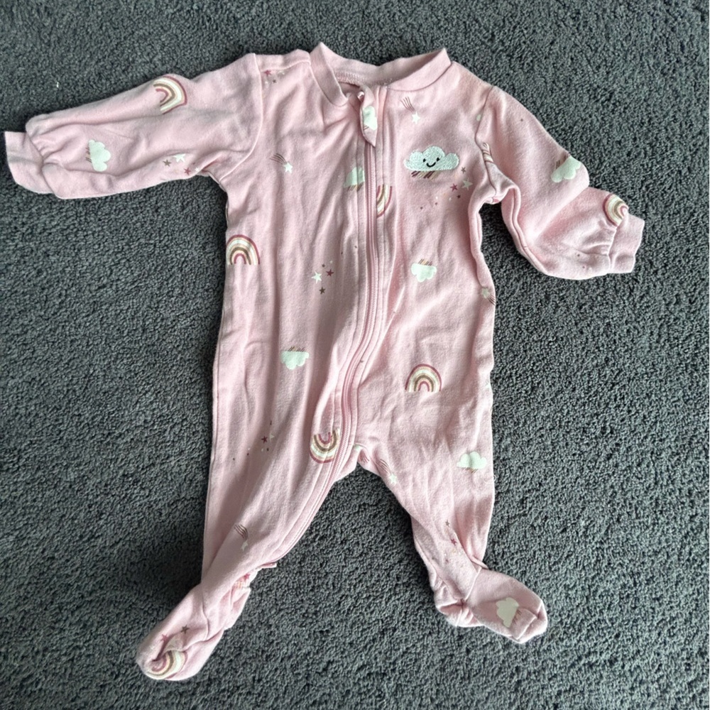 Cozy Pink Footie with Rainbow and Cloud Pattern